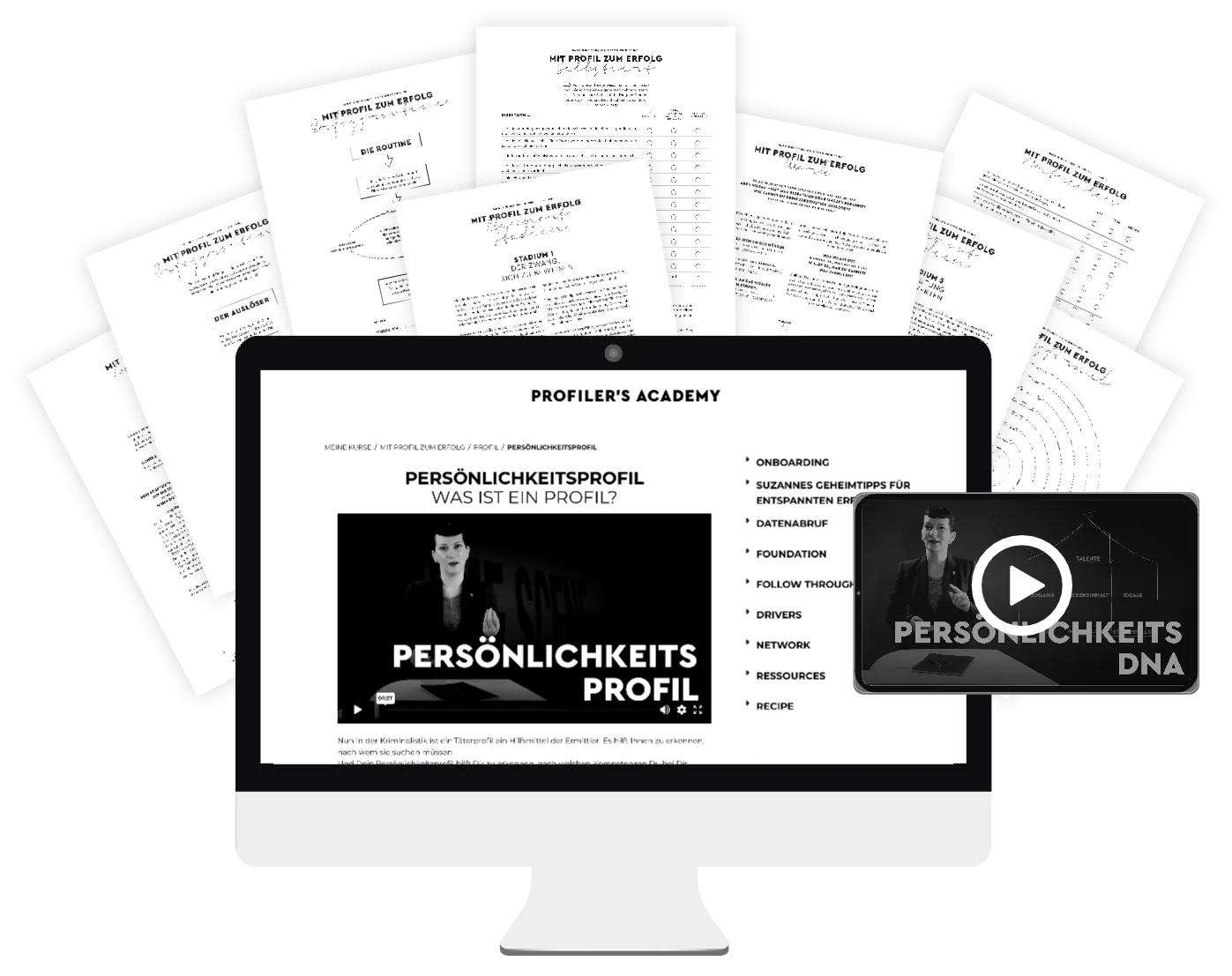 Mit Profil zum Erfolg Online Kurs Komplettansicht auf Desktop und Smartphone mit Workbooks