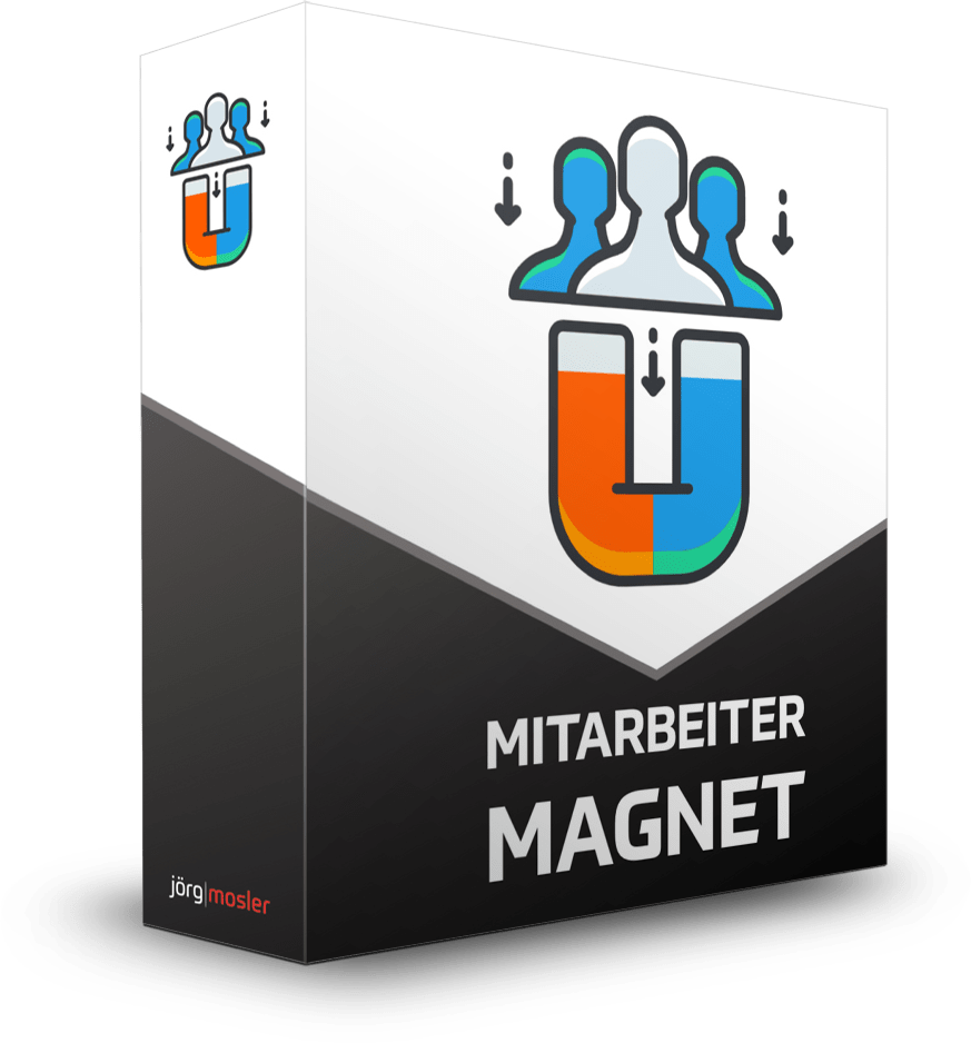 Mitarbeiter Magnet – Videokurs zur Personalgewinnung von Jörg Mosler 3 Mitarbeiter Magnet Onlinekurs Produktbox mit Magnet-Logo und Personensymbolen