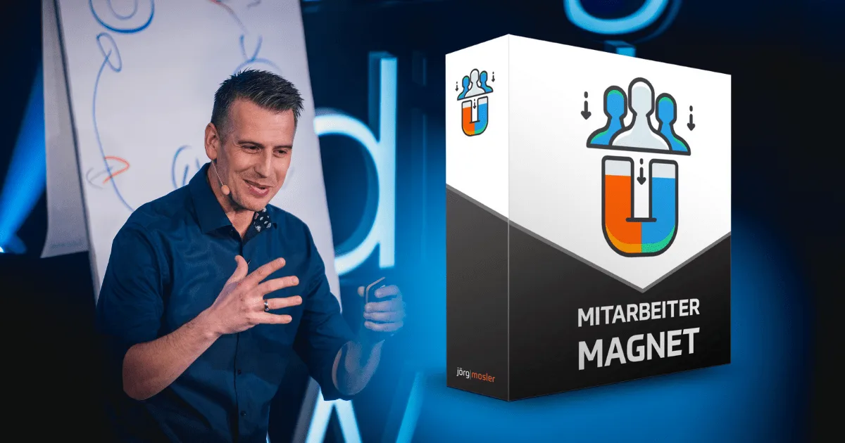 Mitarbeiter Magnet – Videokurs zur Personalgewinnung von Jörg Mosler 1 Mitarbeiter Magnet Onlinekurs Hero-Visual mit Moderator und Produktbox
