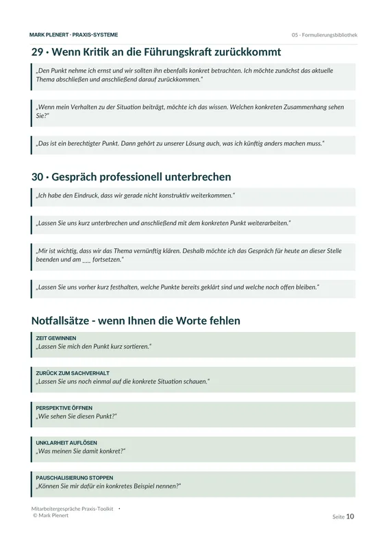 Toolkit-Seite mit Notfallsätzen für schwierige Momente in Mitarbeitergesprächen und Strategien zum professionellen Unterbrech