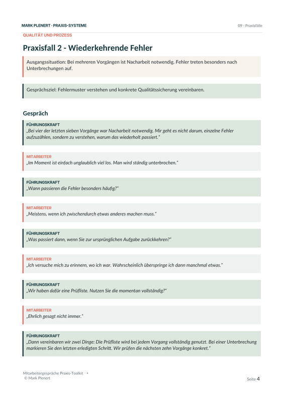 Toolkit-Seite zum Praxisfall 2 mit Fehlerbehandlung in Mitarbeitergesprächen, Gesprächsverlauf zwischen Führungskraft und Mit