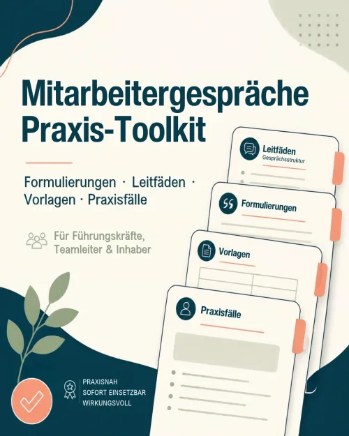 Produktmockup Mitarbeitergespräche Praxis-Toolkit mit gestapelten Seiten-Vorschaubildern und visuellen Markierungen