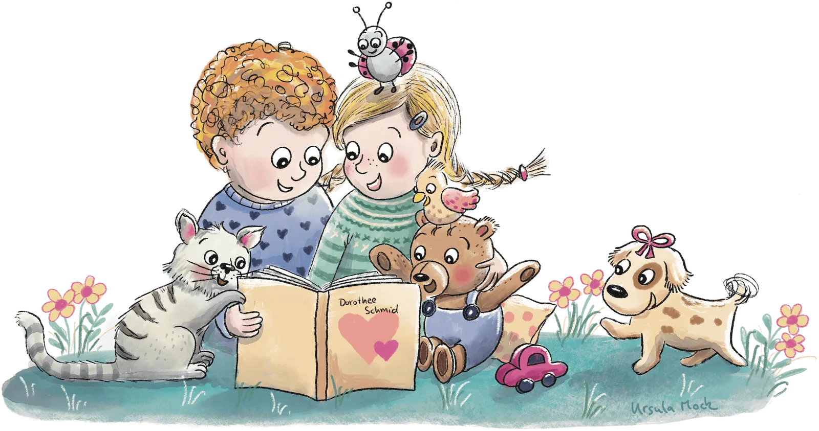 Zwei Kinder und vier Kuscheltiere lesen gemeinsam ein Buch von Dorothee Schmid mit Herz-Symbol auf dem Cover