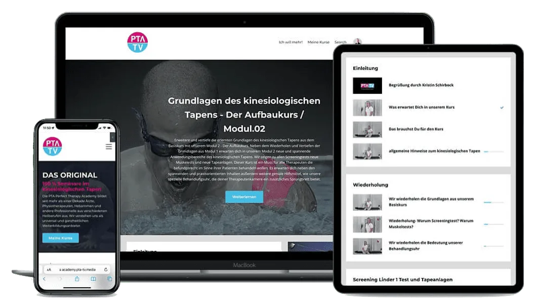 Website-Screenshot des PTA TV Kurses Modul 1 auf Desktop, Tablet und Smartphone mit Hero-Bereich und Kursinhaltsnavigation