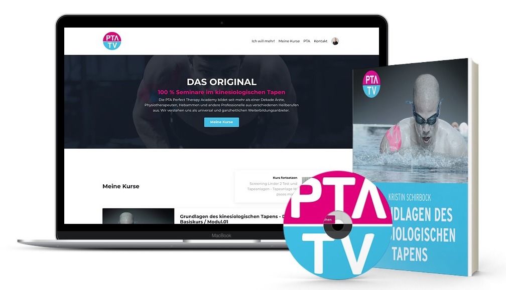MacBook und Produktbox zeigen PTA TV Logo und Kursinhalte mit Kristin Schirbock Portraitfoto