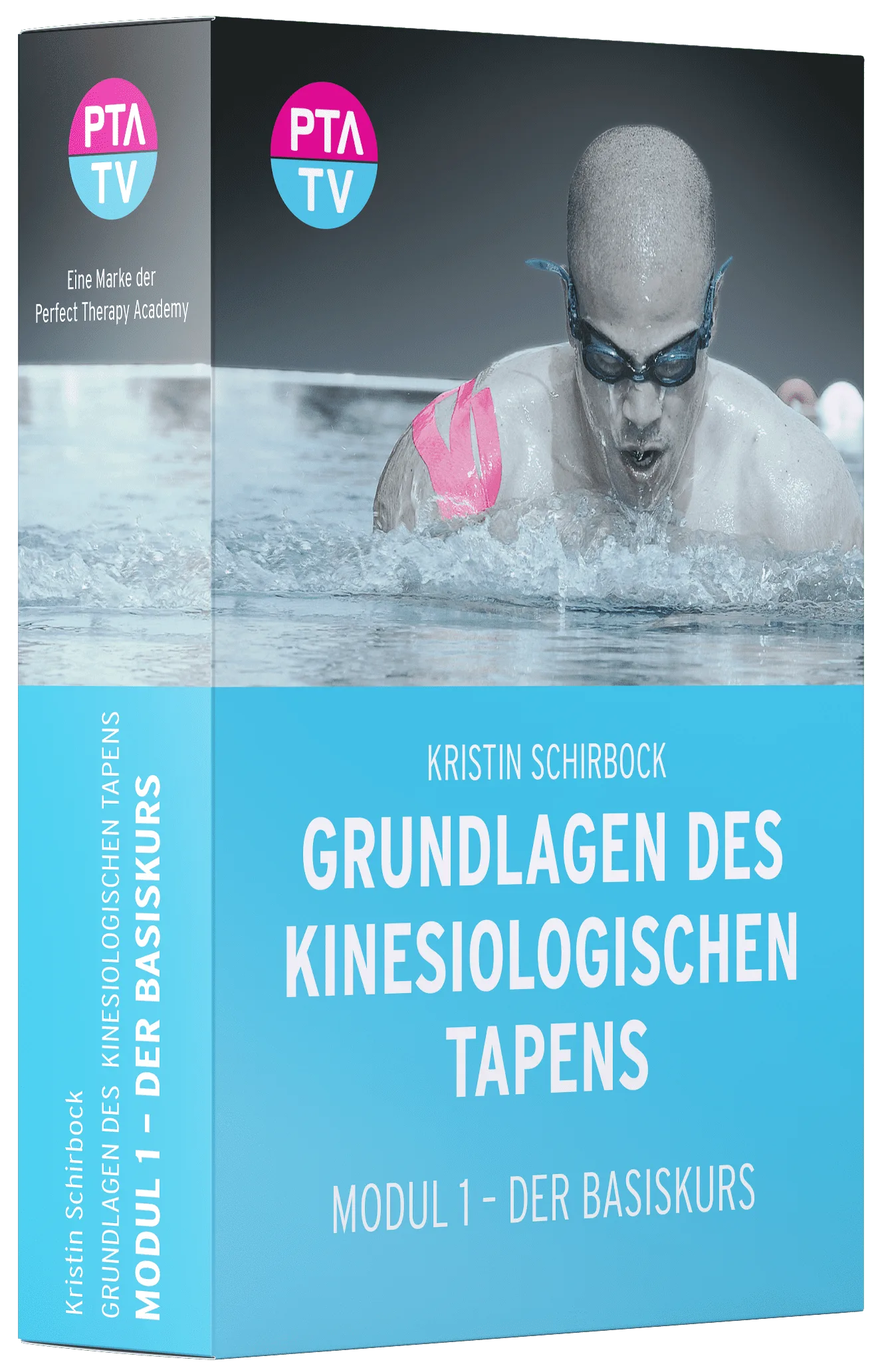 Produktbox des Videokurses Grundlagen des kinesiologischen Tapens Modul 1 – Der Basiskurs von Kristin Schirbock mit Schwimmer