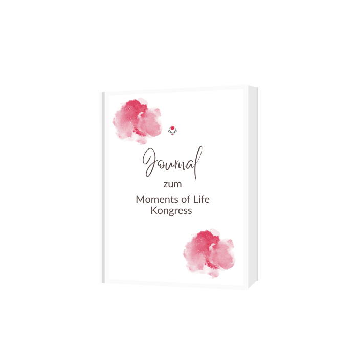 Mockup Tagebuch-Buch zum Moments of Life Kongress mit rosa Aquarell-Elementen