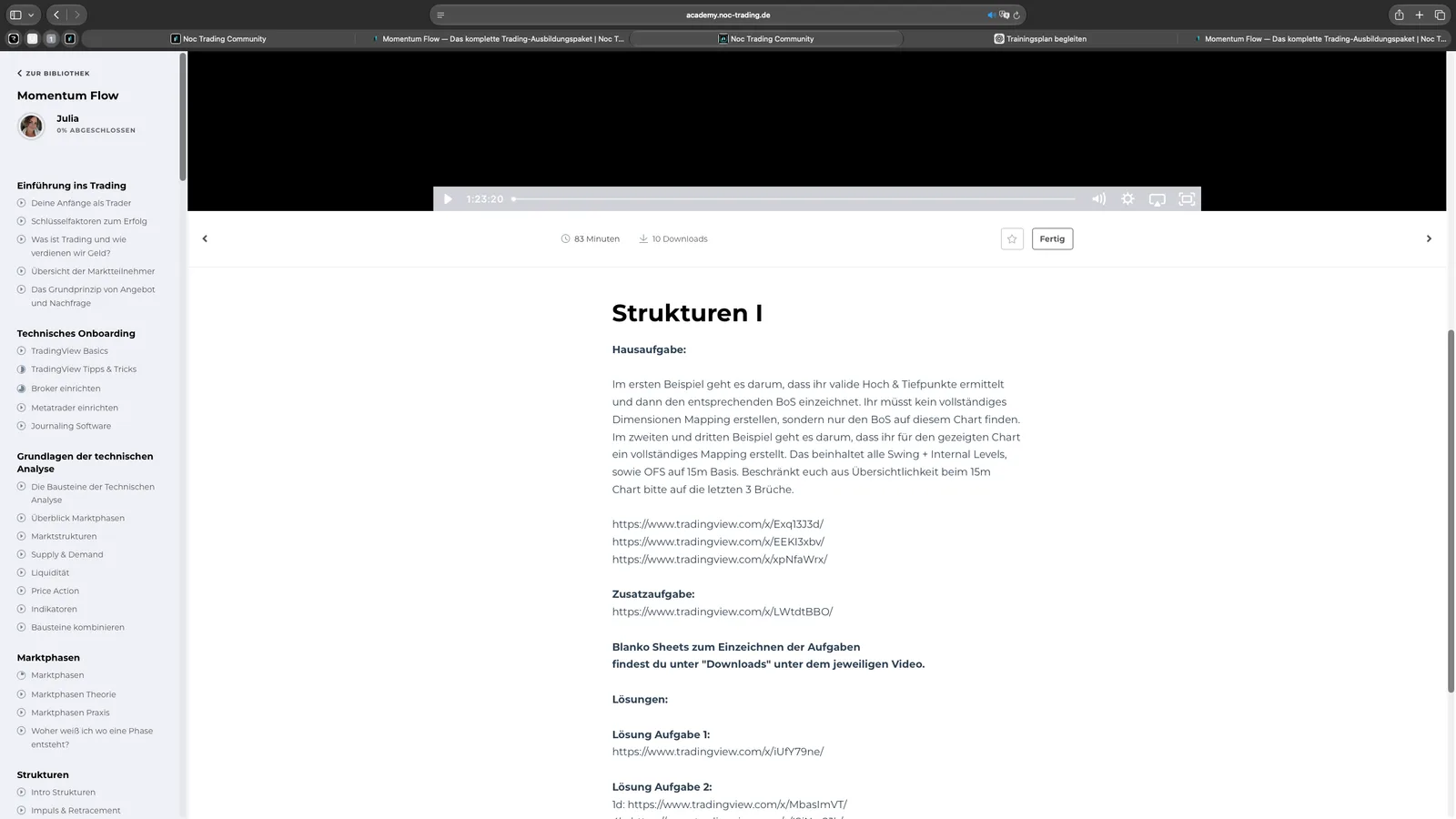 Momentum Flow Strategie – Trading-Videokurs von Marco Reis 9 Academy Plattform mit Momentum Flow Kursmodul, Lernvideos und Aufgaben zum Thema Strukturen
