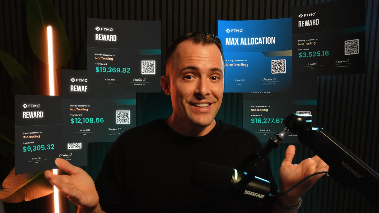 Momentum Flow Strategie – Trading-Videokurs von Marco Reis 15 Marco Reis präsentiert FTMO Reward Zertifikate mit Gewinnauszahlungen, Studio-Setup mit Neon-Beleuchtung