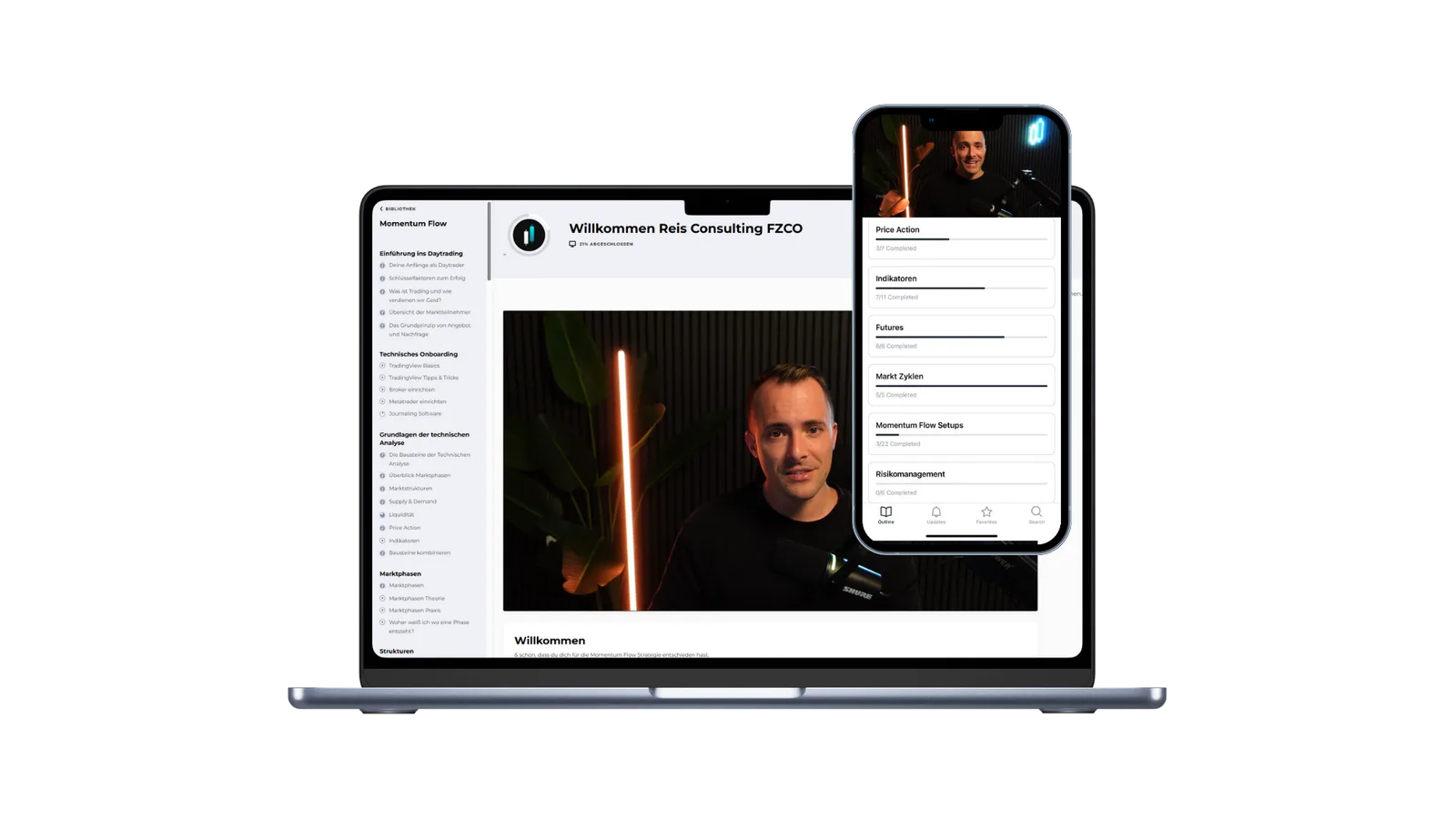 Momentum Flow Strategie – Trading-Videokurs von Marco Reis 4 Desktop und Mobile Screen mit Momentum Flow Academy, Trading-Kursinhalte und Lernplattform Interface