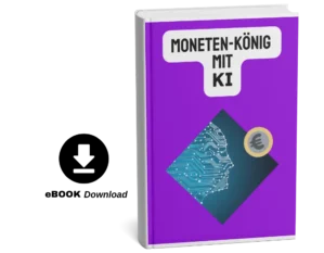 E-Book-Cover Moneten-König mit KI auf violettem Hintergrund mit Schaltkreis-Motiv und Euro-Symbol, Download-Icon links