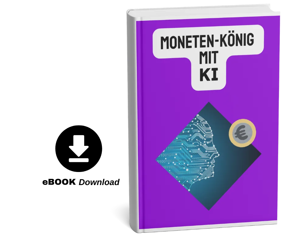 E-Book-Cover Moneten-König mit KI auf violettem Hintergrund mit Schaltkreis-Motiv und Euro-Symbol, Download-Icon links