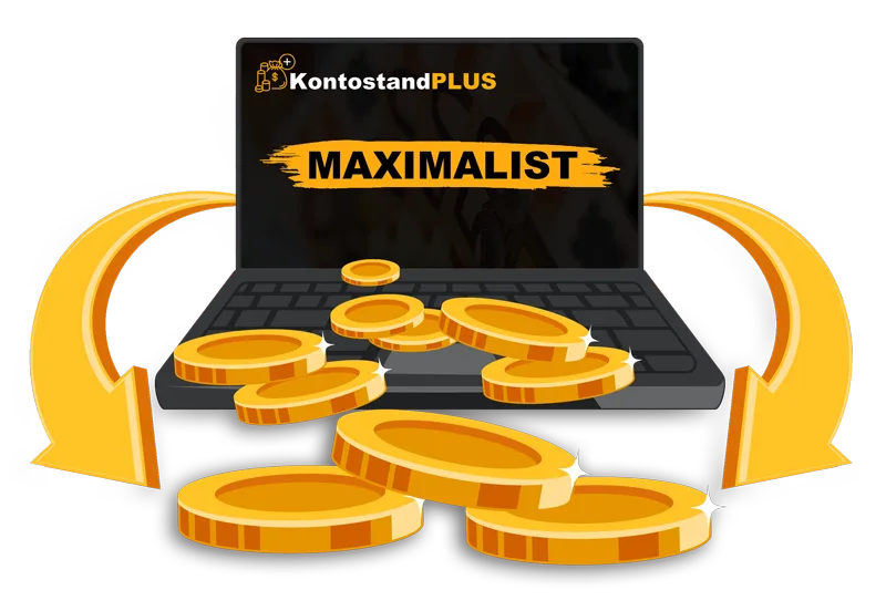 Laptop-Mockup mit KontostandPLUS-Logo zeigt MAXIMALIST-Text auf schwarzem Screen, umgeben von goldenen Münzen und gelben Halb