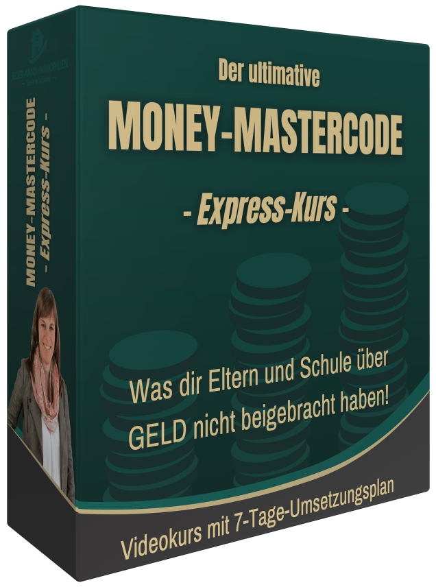 Money-Mastercode – Videokurs zu Geld-Mindset von Stefanie Schädel 1 Produktbox Money-Mastercode Express-Kurs mit Münzstapel-Grafik auf dunkelgrünem Hintergrund