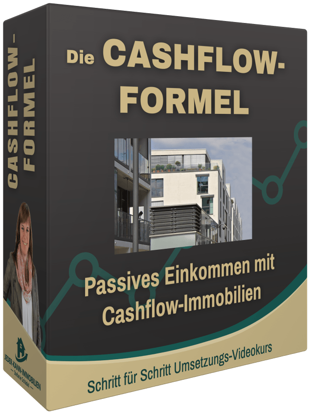 Money-Mastercode – Videokurs zu Geld-Mindset von Stefanie Schädel 5 Produktbox Die Cashflow-Formel mit Immobilienfoto und Grafik-Element auf dunkelgrauem Hintergrund