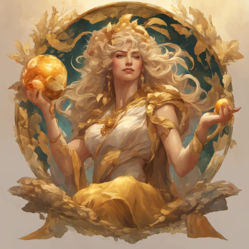 Göttin-Illustration mit blondem lockigem Haar, weißem Kleid und Goldschmuck, jongliert zwei goldene Energiekugeln in dekorati