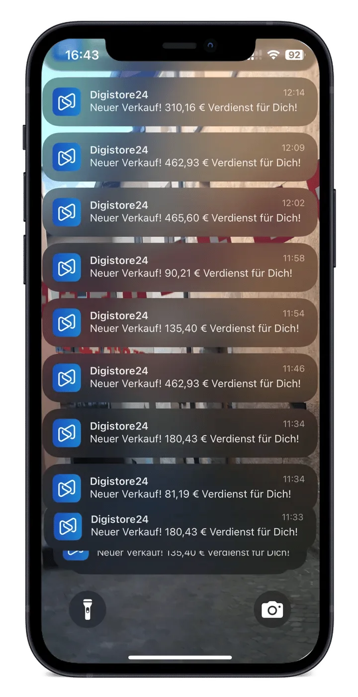 Moneyflow Income System – Videokurs für Online-Einkommen 4 iPhone-Bildschirm mit Digistore24-Verkaufsmeldungen, Transaktionen zwischen 81,19 und 462,93 Euro