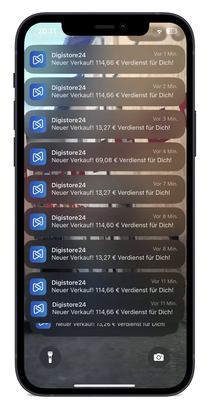 Moneyflow Income System – Videokurs für Online-Einkommen 5 iPhone-Bildschirm mit Digistore24-Verkaufsmeldungen, Transaktionen zwischen 13,27 und 114,66 Euro
