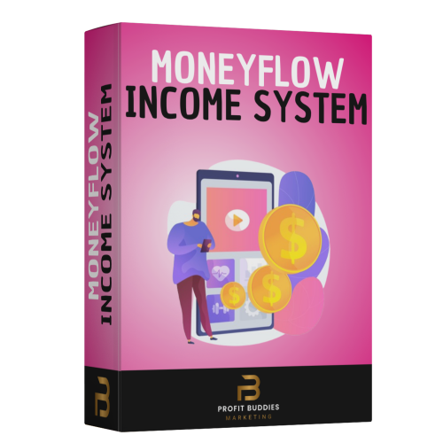 Moneyflow Income System – Videokurs für Online-Einkommen 1 Produktbox Moneyflow Income System mit pinkfarbenem Hintergrund und Illustration