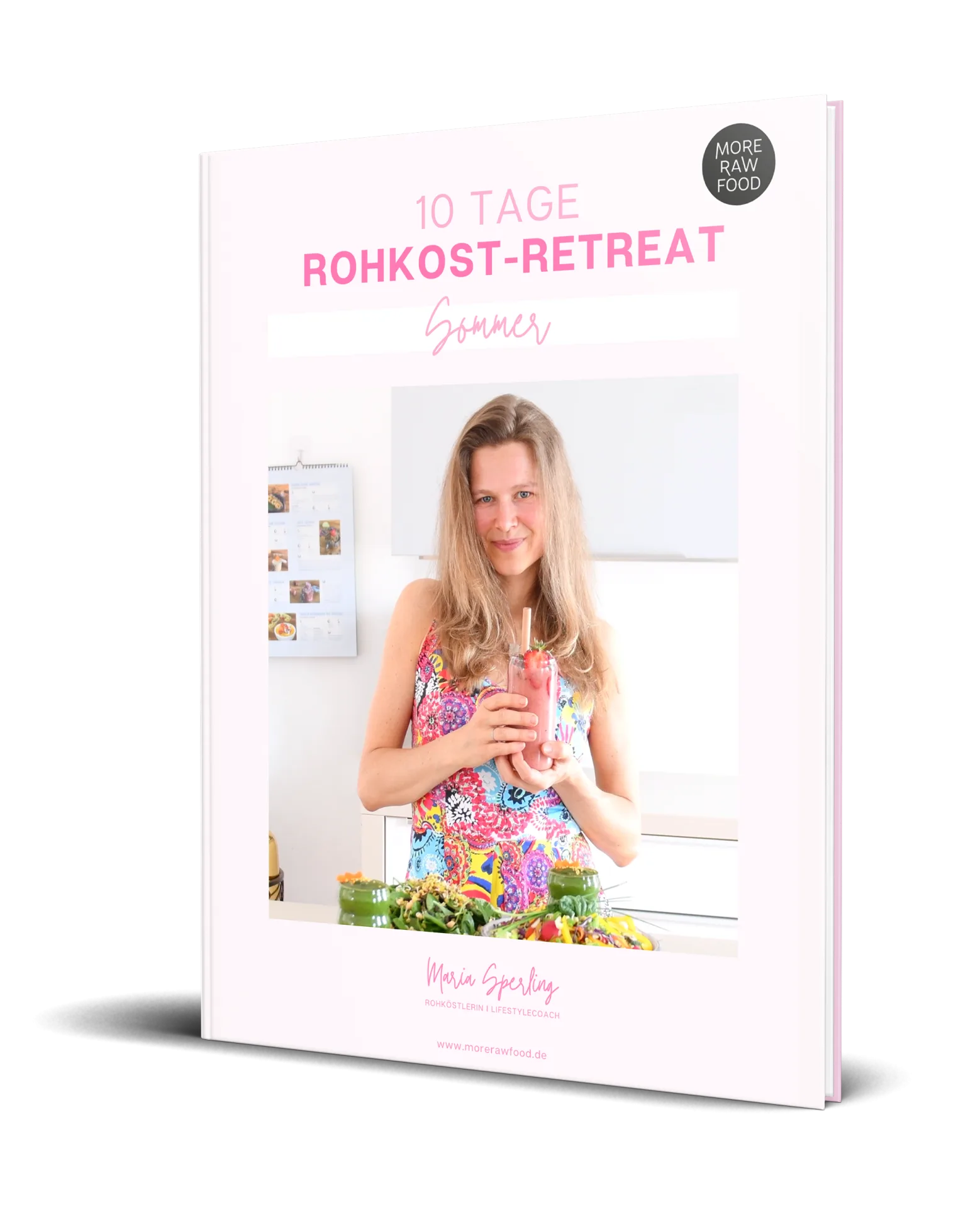 Morerawfood E-Buch Bundle – Rohkost-Rezepte als E-Book-Paket 6 Cover 10 Tage Rohkost-Retreat Sommer mit Maria Sperling in farbigem Kleid
