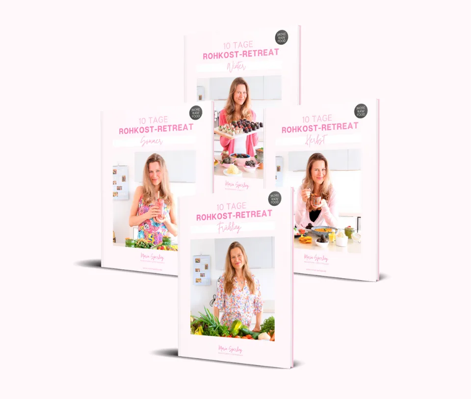 Morerawfood E-Buch Bundle – Rohkost-Rezepte als E-Book-Paket 8 Vier Buch-Cover der Rohkost-Retreat Serie in verschiedenen Jahreszeiten