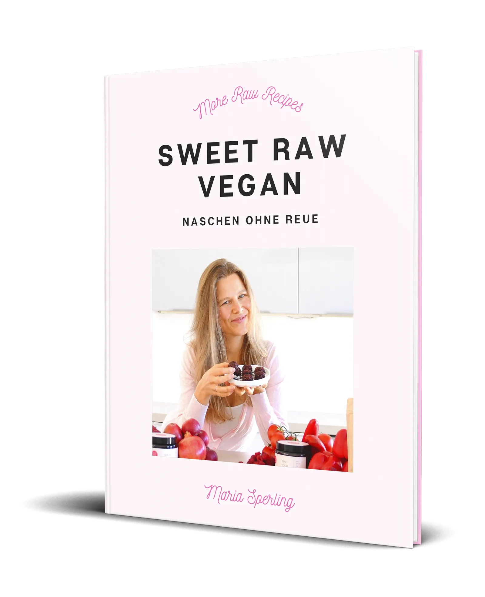 Morerawfood E-Buch Bundle – Rohkost-Rezepte als E-Book-Paket 9 Cover Sweet Raw Vegan Naschen ohne Reue mit Maria Sperling haltend Rohkost-Dessert