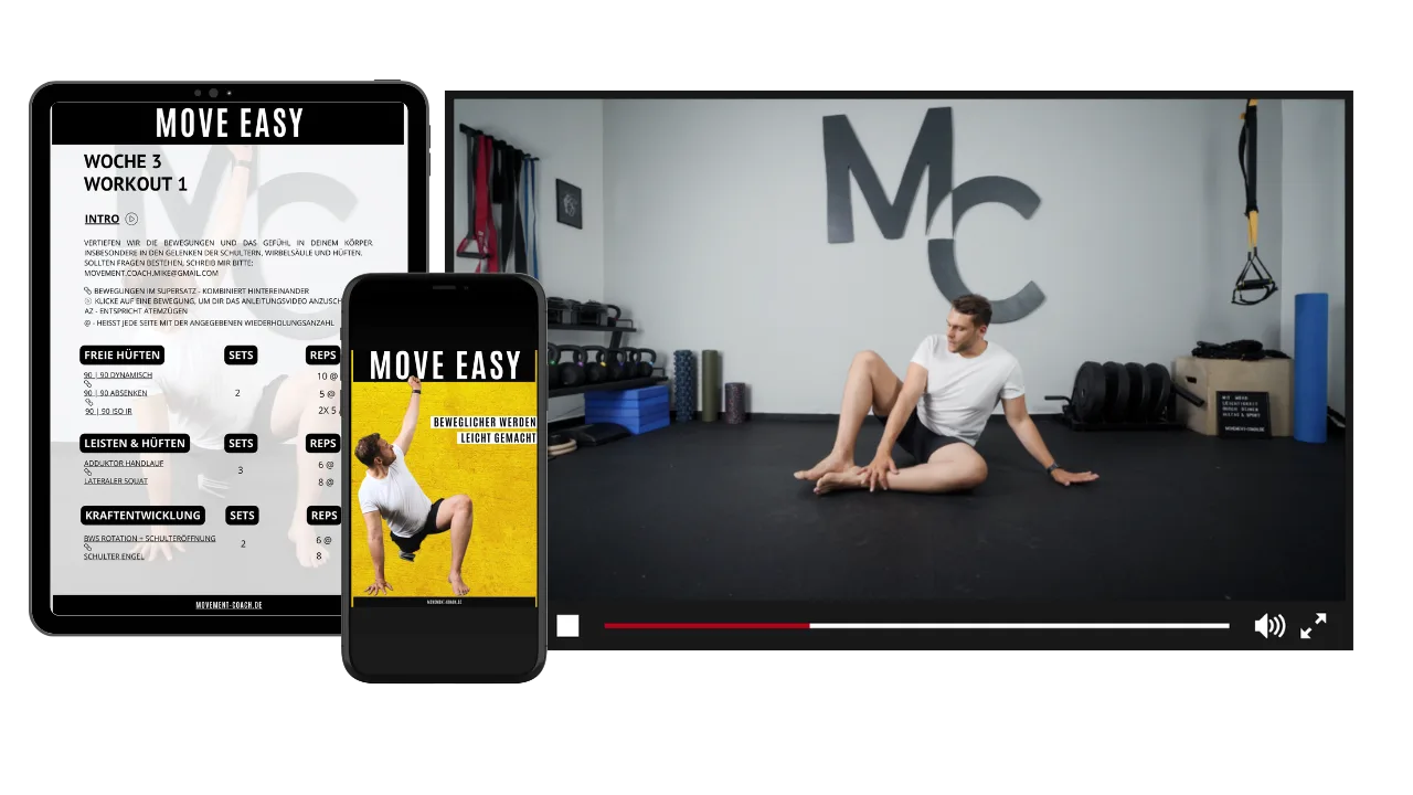 Mockup des Move Easy Kurses mit Trainingsplan, Produktcover und Trainingsvideo auf verschiedenen Geräten