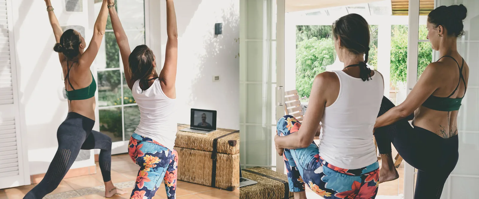 Frauen beim Online-Training via Laptop mit Yoga und Trainingsübungen im Wohnzimmer