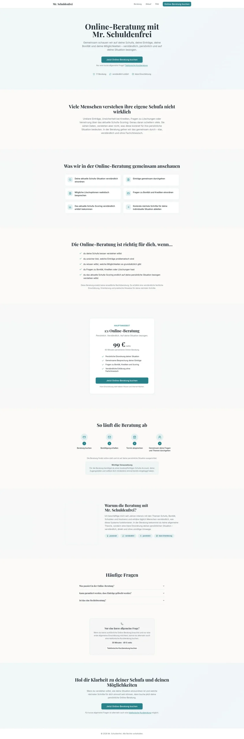 Landingpage von Mr. Schuldenfrei für Online-Beratung zu Schufa und Bonität mit Heading und Call-to-Action-Button