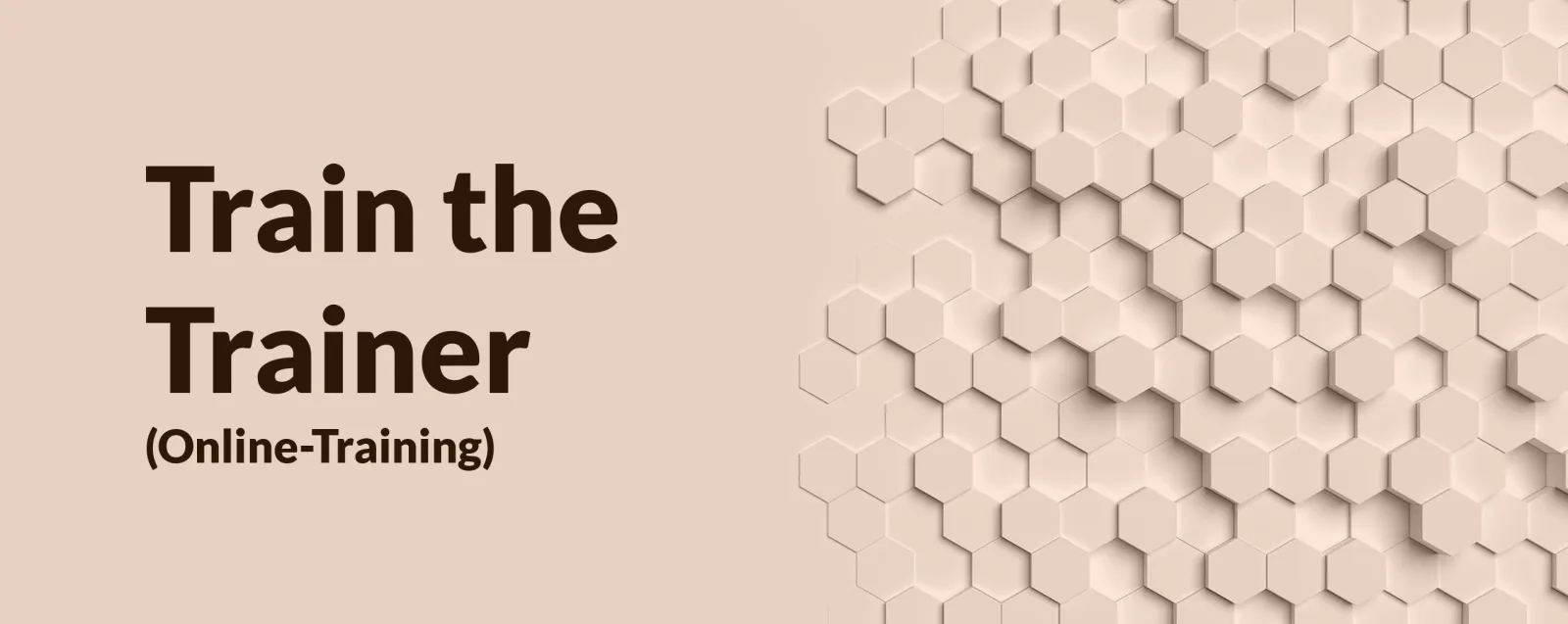 Kurs-Banner Train the Trainer Online mit Text auf beigem Hintergrund und 3D-Hexagon-Dekoration