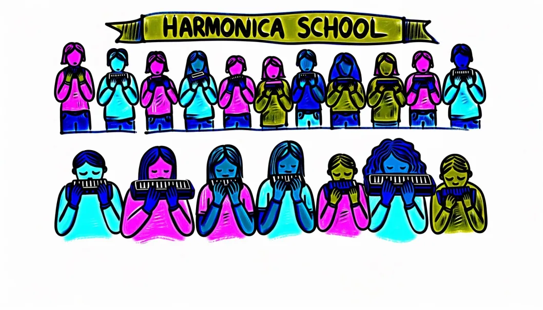 Mundharmonika spielen: Melodiespiel mit Noten und Zahlen 4 Illustrierte Harmonica School mit bunten Musikern, die Mundharmonikas und Keyboards spielen