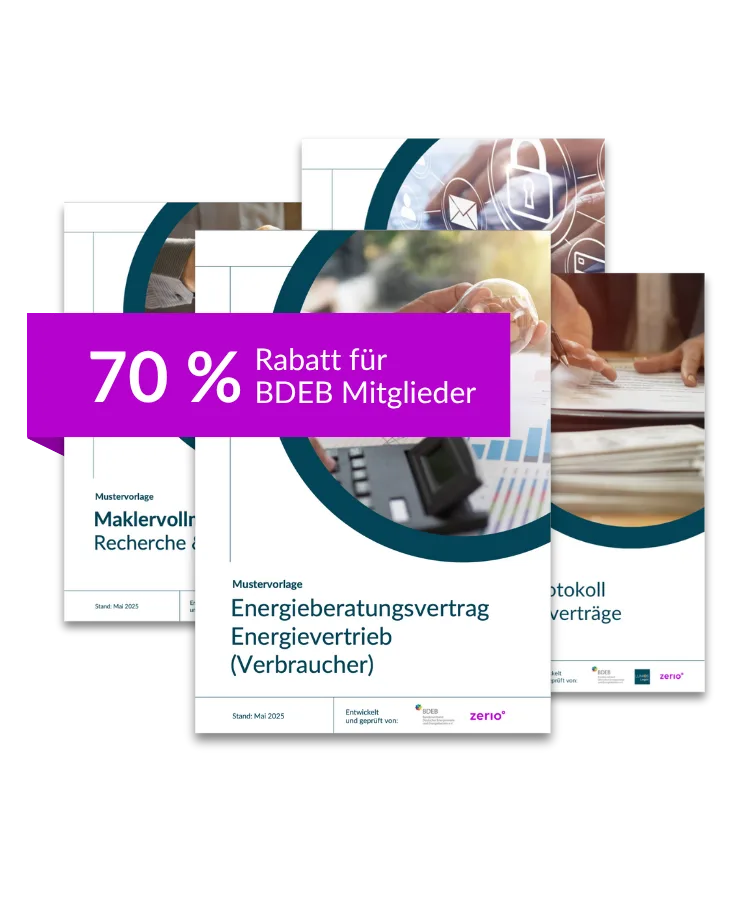 Mustervorlage Maklervollmacht – Vertragsdokument für Energiemakler 7 Bundle-Mockup mit drei Mustervorlagen für Verbraucher und 70% Rabatt-Banner