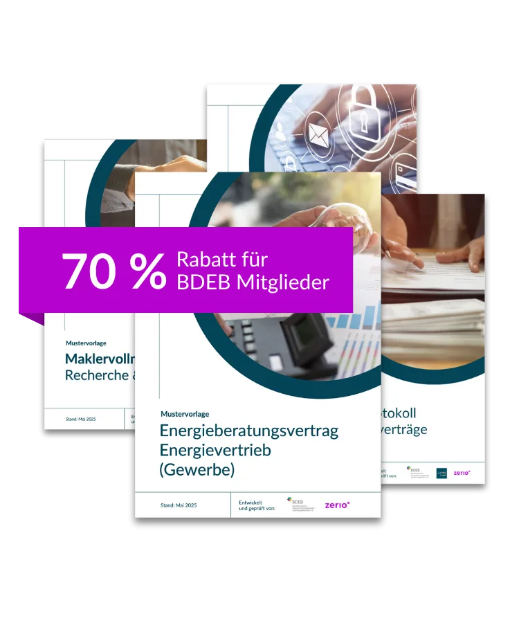 Mustervorlage Maklervollmacht – Vertragsdokument für Energiemakler 9 Bundle-Mockup mit drei Mustervorlagen für Gewerbe und 70% Rabatt-Banner