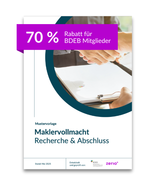 Mustervorlage Maklervollmacht – Vertragsdokument für Energiemakler 2 Cover Mustervorlage Maklervollmacht mit 70% Rabatt-Banner, Handschlag und zerio-Logo