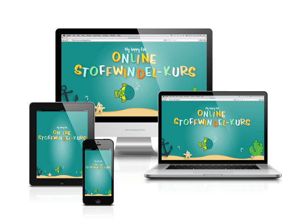 Responsive Mockup des Online Stoffwindel-Kurs mit Darstellung auf Desktop, Tablet und Smartphone