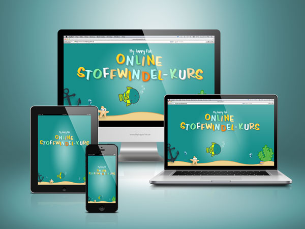 Responsive Mockup des Online Stoffwindel-Kurs mit mehreren Devices auf blauem Hintergrund