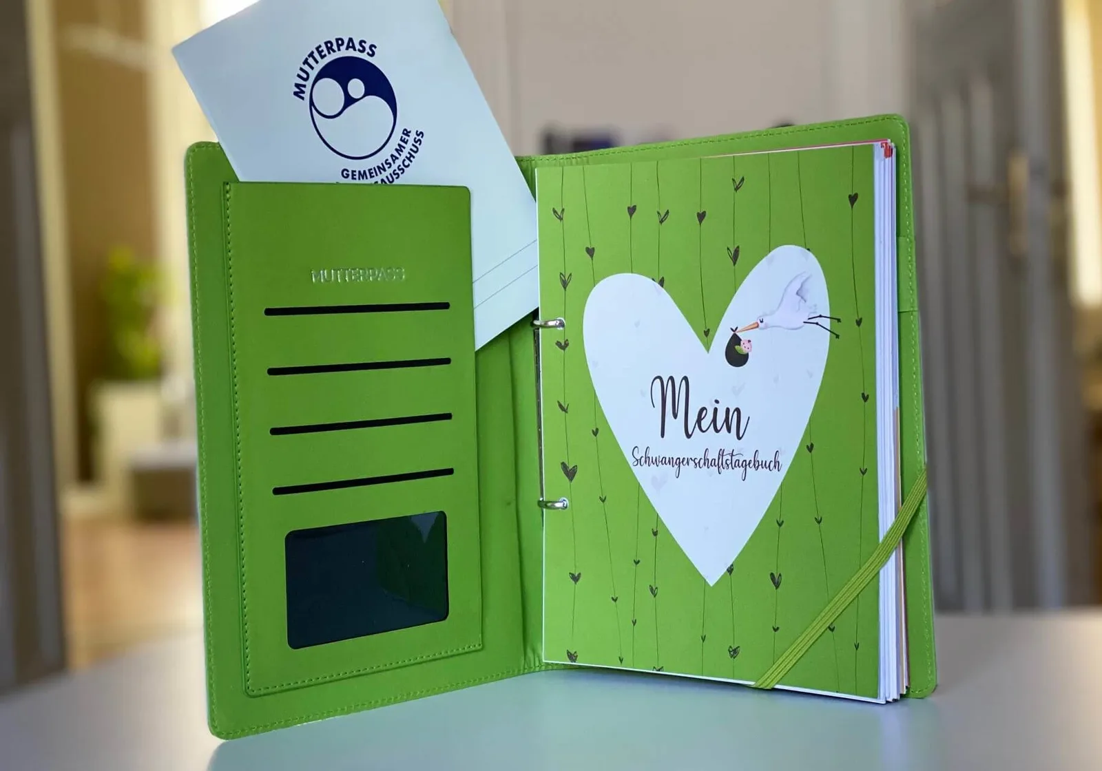 Grünes Schwangerschaftstagebuch "Mein Schwangerschaftstagebuch" mit Muttergpass und Storch-Motiv