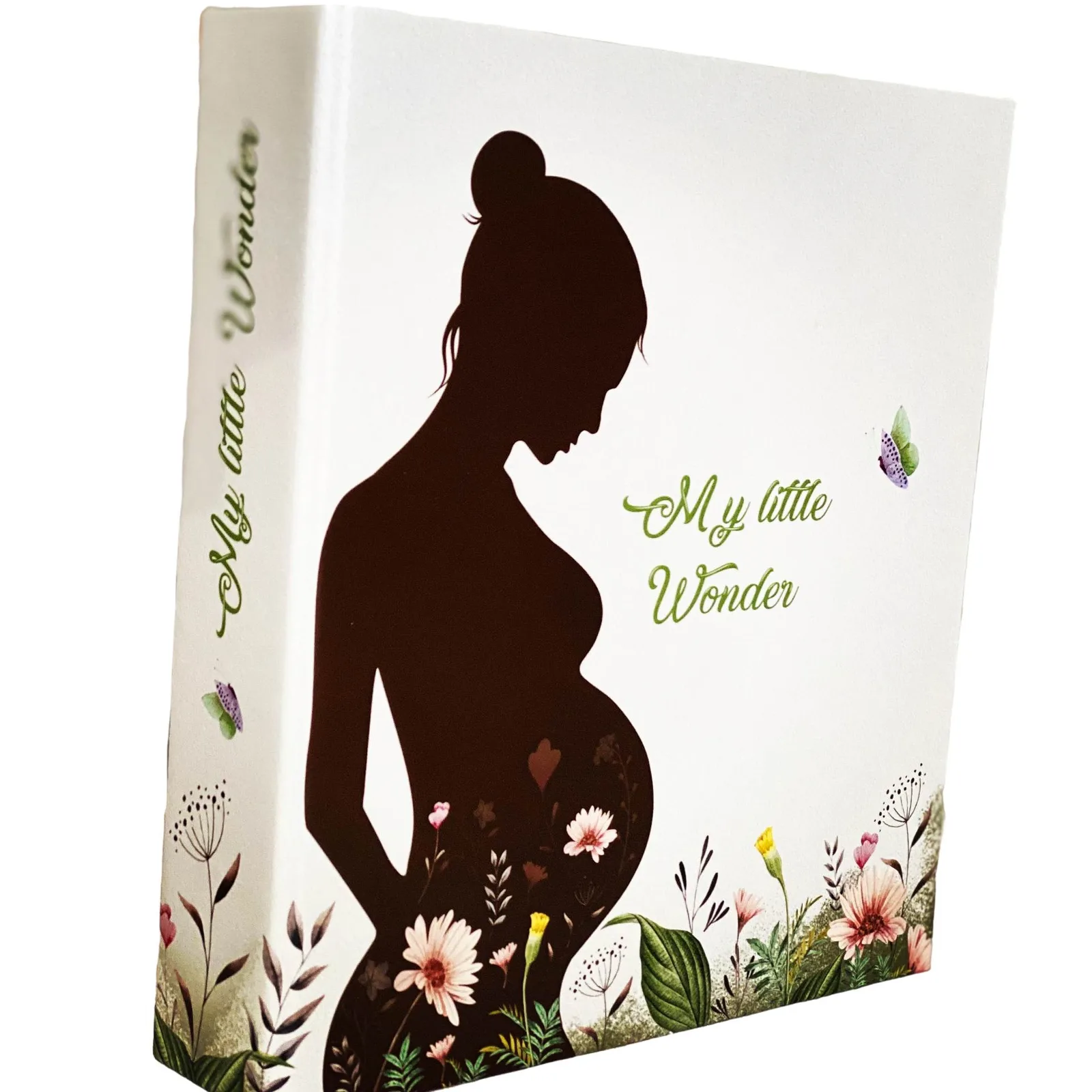 Buchcover My Little Wonder: Silhouette schwangere Frau mit Blüten und Text, Schmetterlinge