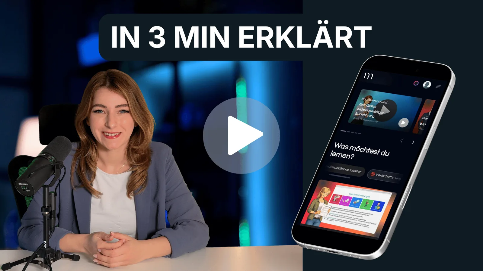 MyDigiAcademy – Lernapp mit Videos von Florian Honold 4 Videostandbild mit Moderatorin vor Mikrofon und Smartphone-Display der Lernapp