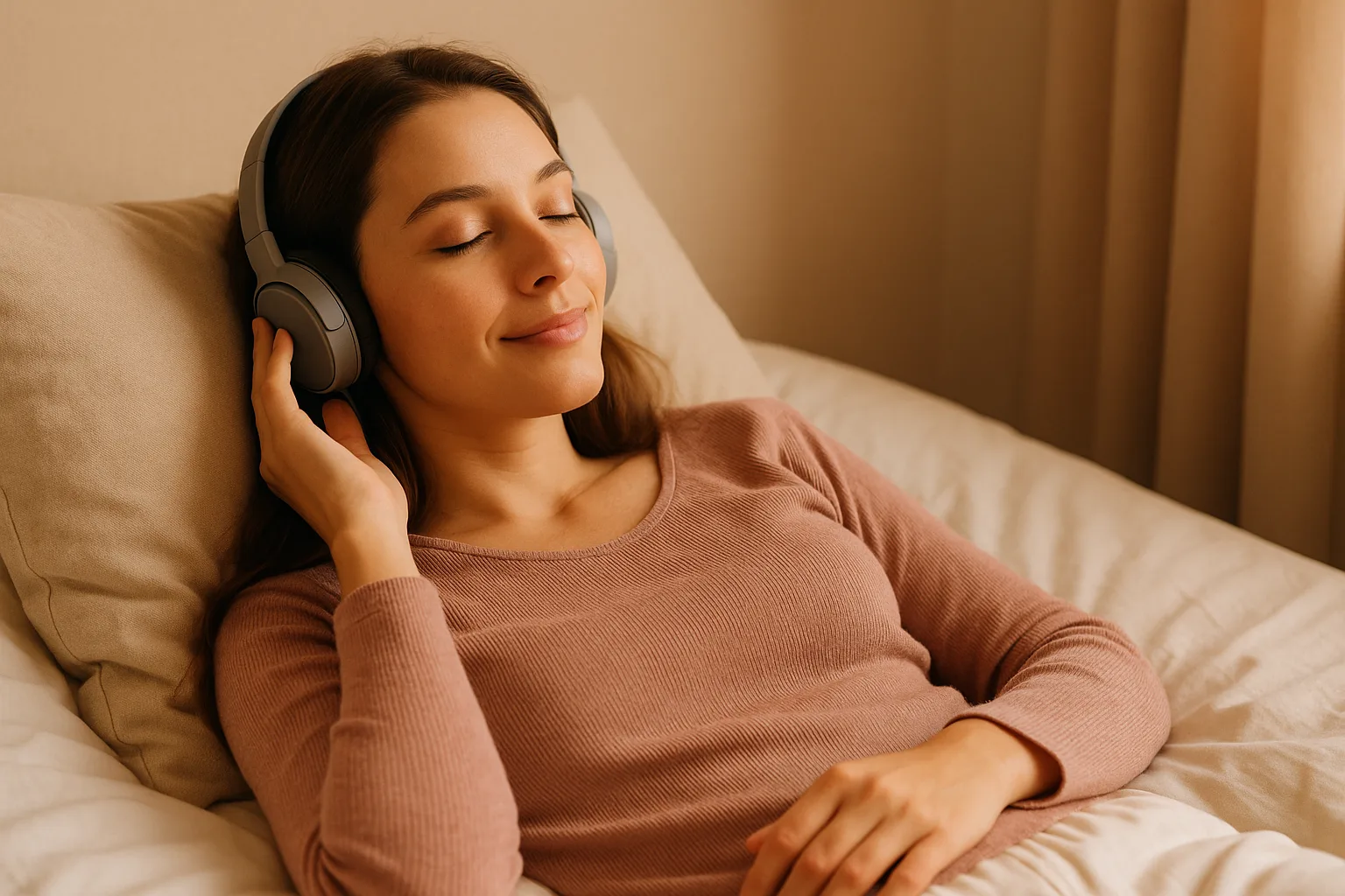 myLOVE Buddha – Meditationskurs für Singles 1 Frau mit Kopfhörern hört myLove Buddha Audio-Programm