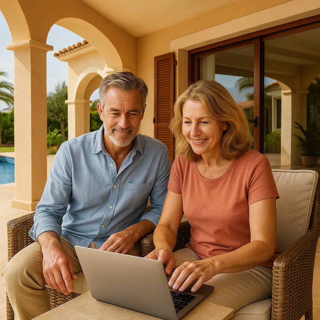 Paar sitzt auf Terrasse mit Laptop, sonnige spanische Villa mit Pool im Hintergrund