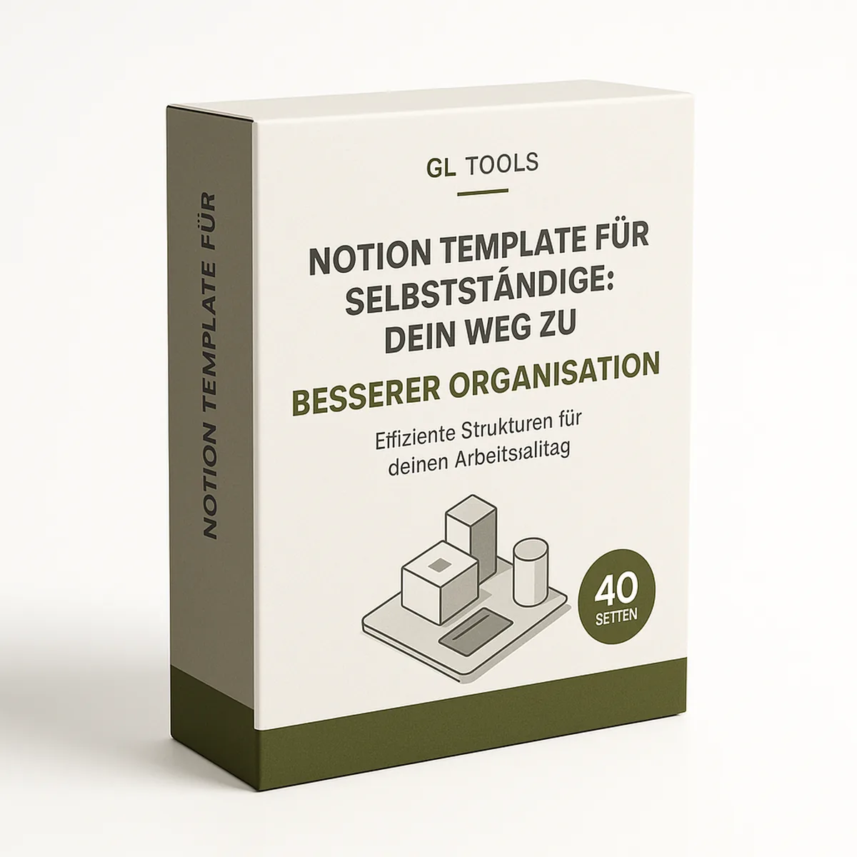 Produktbox des Notion Templates für Selbstständige von GL Tools mit grünem Farbschema