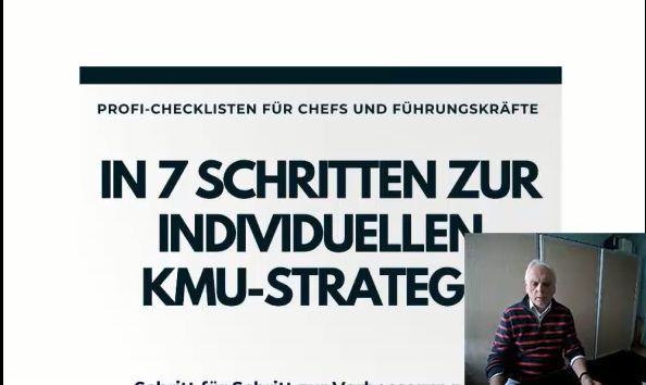 Video-Vorschaubild mit Text zu 7-Schritte-KMU-Strategie und Mann im Gespräch