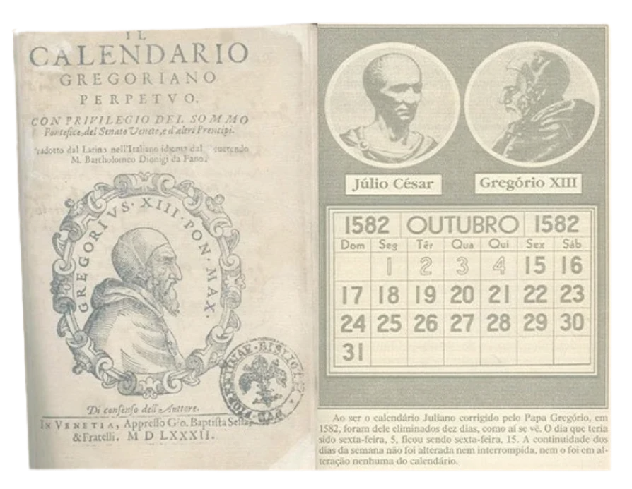 Historischer Kalendervergleich: Gregorianischer Kalender von 1582 mit Porträts von Julius Caesar und Papst Gregor XIII