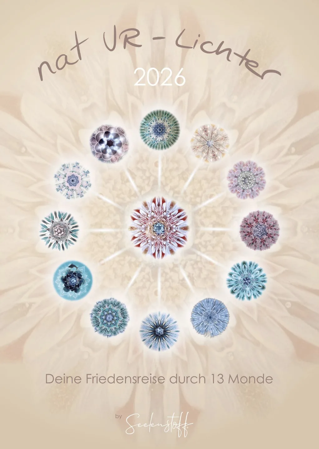 natUR-Lichter Kalender 2026 Cover mit 13 farbigen Blütenmandala-Motiven im Kreis