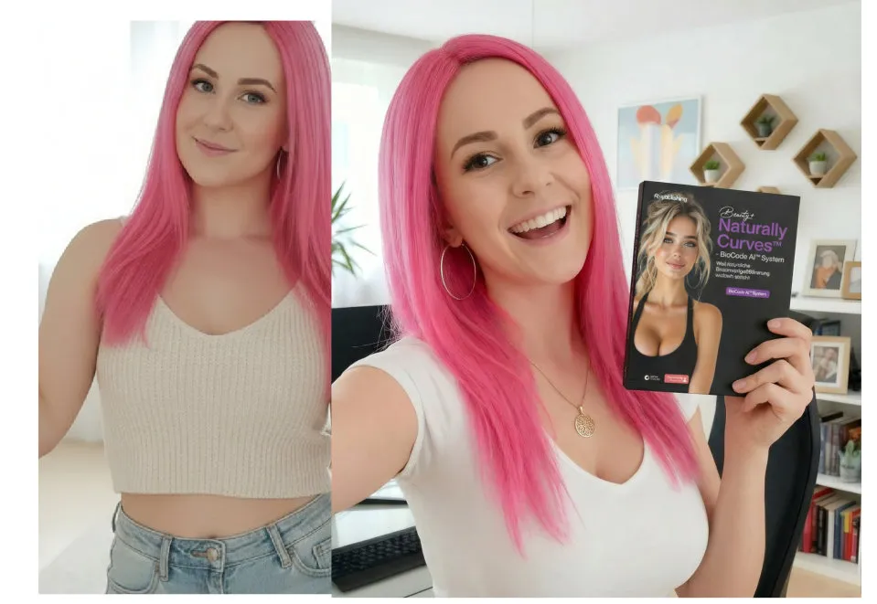 Vorher-Nachher-Vergleich einer Frau mit pinken Haaren in Croptop und weißem Top