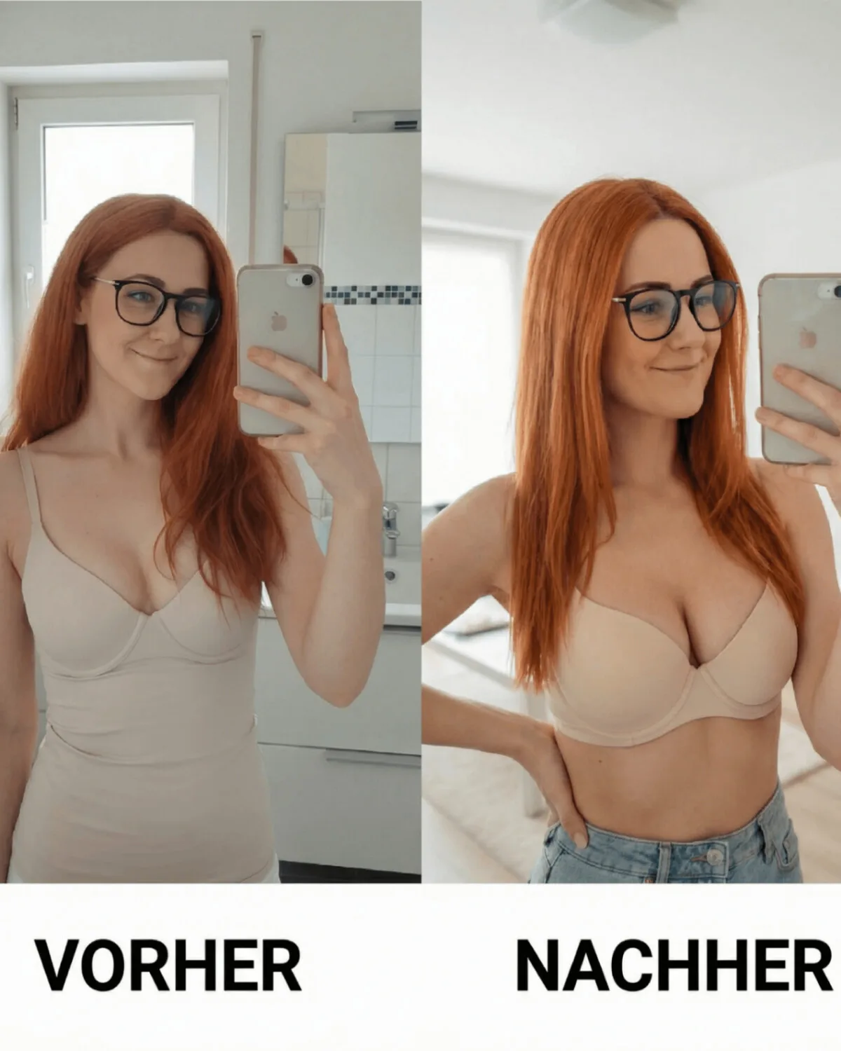 Vorher-Nachher-Vergleich einer Frau mit roten Haaren und Brille in weißem Top und Jeans