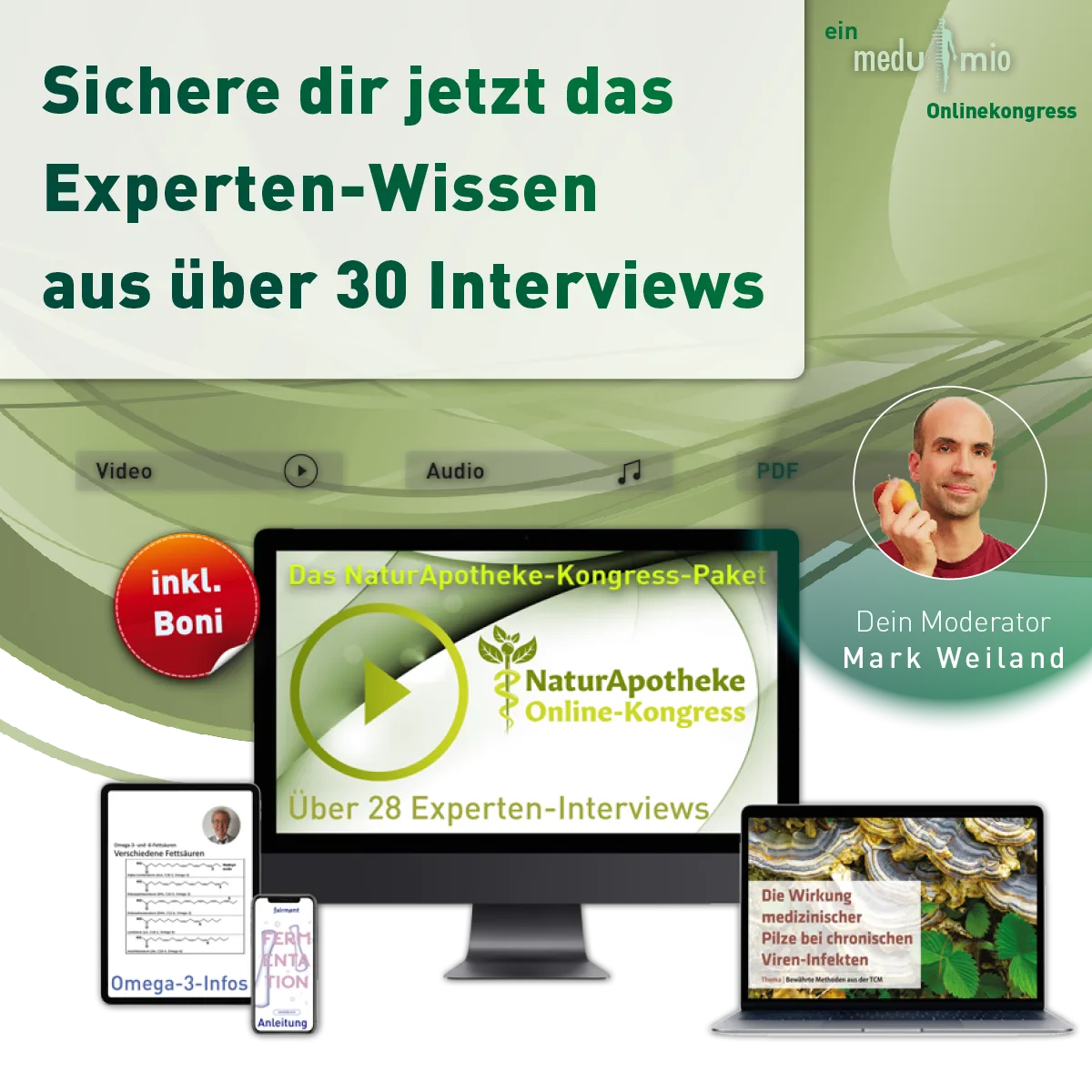 Quadratisches Banner mit Headline und Produktübersicht des NaturApotheke Kongresses