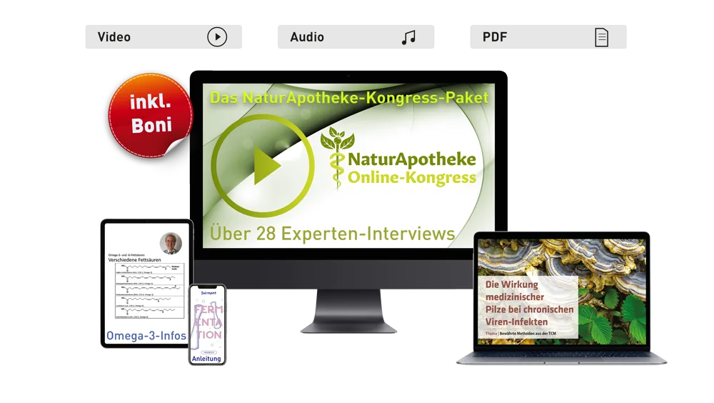 Hero-Grafik zum NaturApotheke Online-Kongress mit Produktinhalten und Moderator Mark Weiland