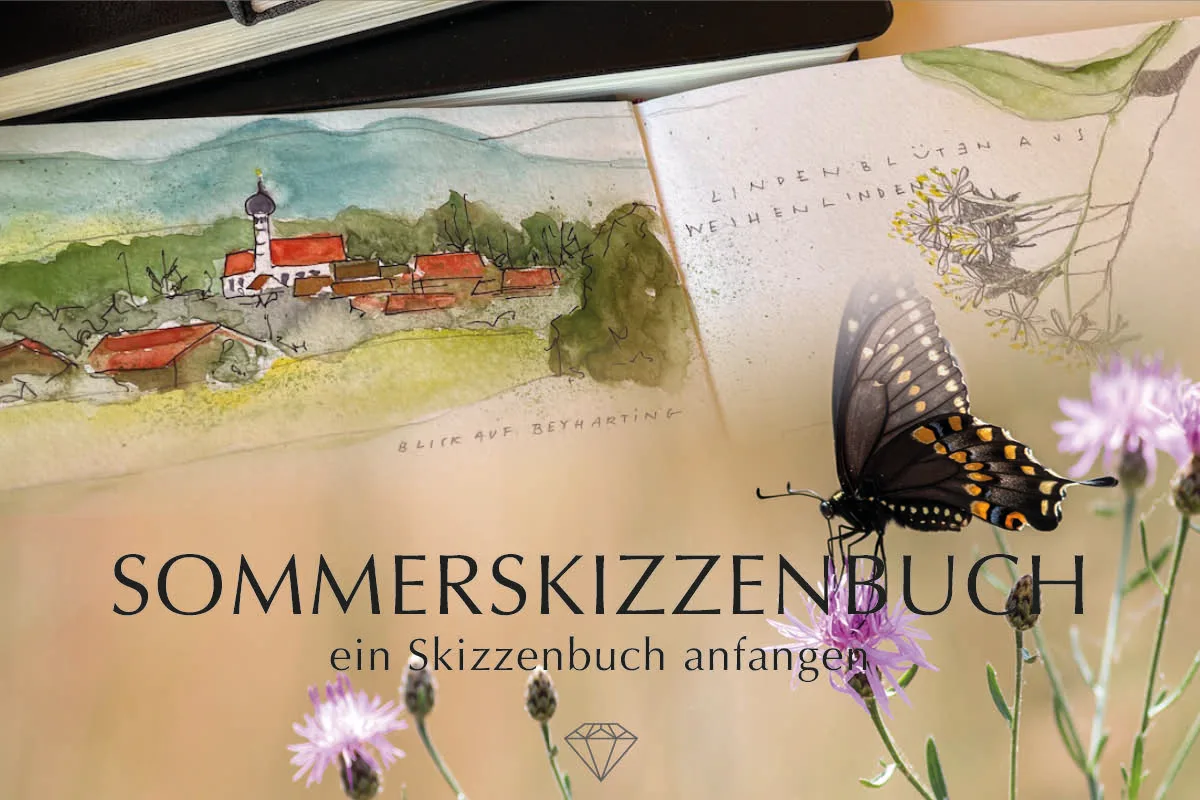 Sommerskizzenbuch mit Aquarellmalerei Dorf, Schmetterlingszeichnung und Wildblumen